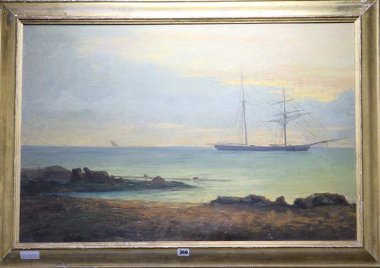 Joseph Rousse, oil on canvas, Schooner of the coast, signed and dated 1884, 59 x 90cm